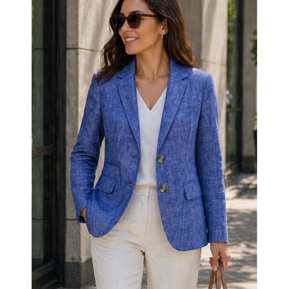 J Crew Women Schoolboy Crosshatch Linen Blazer XS Blue Tailored Preppy Classic